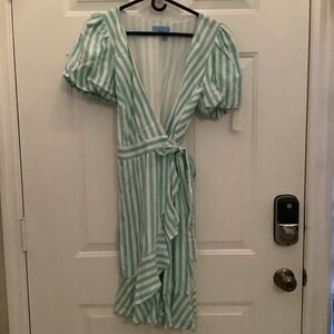 Draper James RSVP XS Turquoise White Striped Seersucker Puff Sleeve Wrap Dress